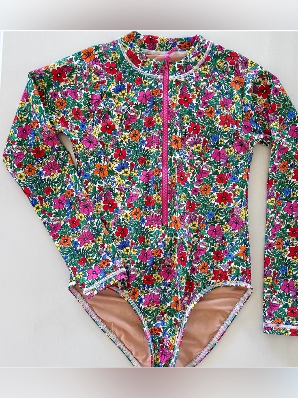 Crewcuts Rash Guard Swimsuit Sz 6-7 Girls Floral Multicolor Long Sleeve UPF 50
